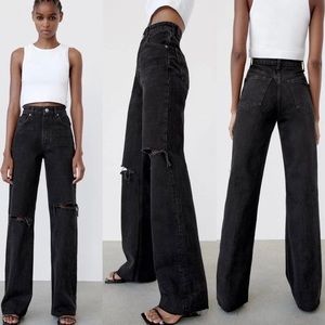 Zara Jeans: NWT Black High Rise Wide Leg Ripped Jeans Size 38/US 6